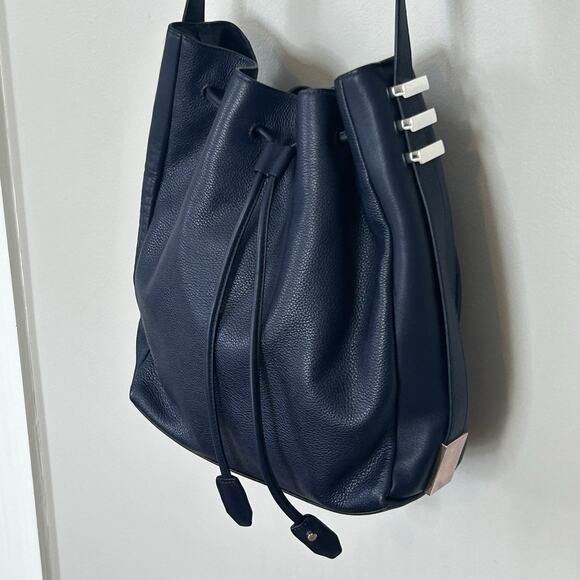 Luana Italy Leather Bucket Hobo Bag Navy Blue Leather Silver Tone Hardware New - Picture 6 of 13